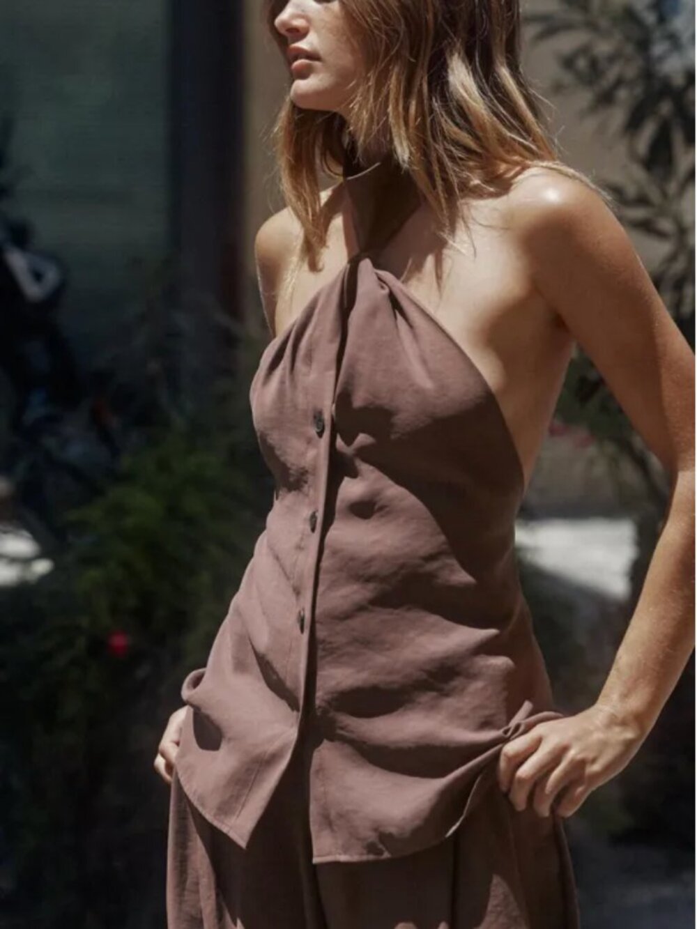 Zara Knotted Halter Waistcoat Top | Warm Chocolate Brown | NWT | Size S